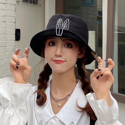 Women Cute Rabbit Ear Bucket Hat Japanese Style Casual Sun Protection Embroidered Foldable Fisherman Hat Outdoor Fashion Accessory