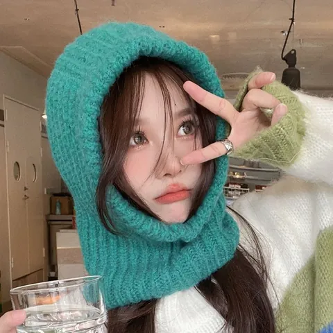 Winter Warm Knit Balaclava Hat Hooded Scarf Integrated Ear Protection Thick Acrylic Cable Knit Neck Warmer Korean Cap