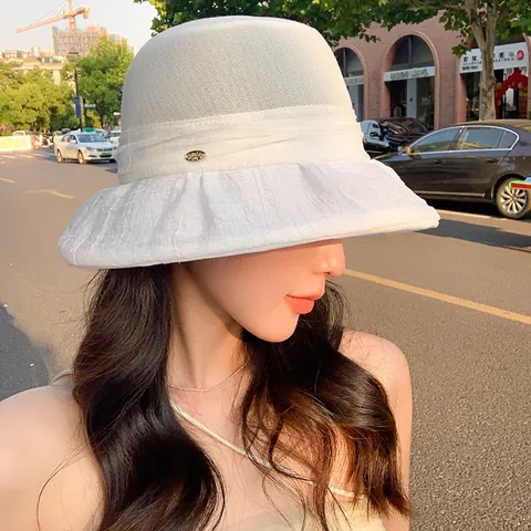 Women Elegant Acrylic Mesh Sun Hat Foldable Breathable Bucket Hat With Pleated Brim Summer Outdoor Travel Sunshade Beach Hat
