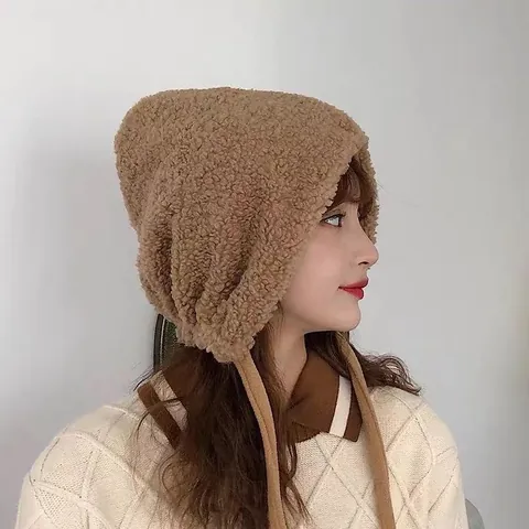 Japanese Style Women Winter Warm Lambswool Earflap Hat Fleece Lined Windproof Trapper Hat Soft Cute Lei Feng Hat For Outdoor