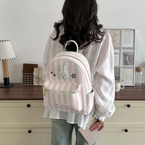 Cute Striped Backpack For Women Nylon Casual School Bookbag Large Capacity Travel Daypack With Rabbit Bear Embroidery