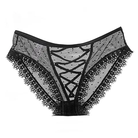 Women Sexy Lace Mesh Panties Low Waist Seamless Breathable Polka Dot Floral Pattern Criss-cross Design Bottom Lingerie