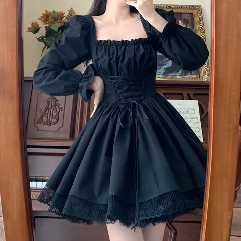 Abito da Principessa Lolita Dolce da Donna Maniche a Sbuffo Scollo Quadrato Stringato in Vita Finiture Patchwork Abito Mini a Trapezio