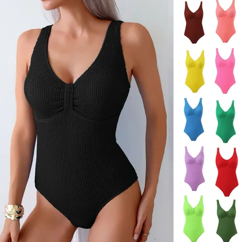 Maillot de Bain Une Pièce Sexy pour Femme Col en V Profond Polyester Texturé Top Maillot de Bain Couleur Unie Beachwear