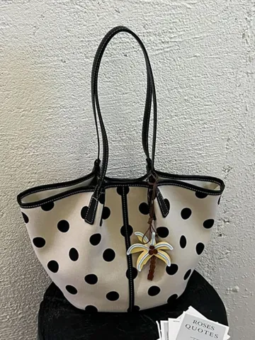 Women Fashion Polka Dot Tote Bag Luxury PU Leather Shoulder Bag Large Capacity Underarm Bag With Palm Tree Charm Summer Casual Travel Handbag