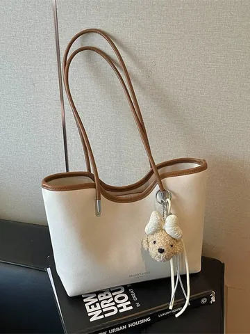 Women's Casual PU Leather Tote Bag Large Capacity Shoulder Bag With Bear Pendant Simple Fashion Handbag Urban Commute Bag