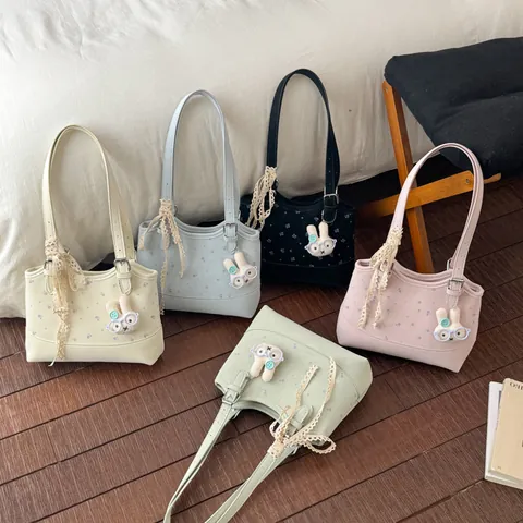 Women Fashion Polka Dot Shoulder Bag PU Leather Tote Handbag With Lace Ribbon And Cute Bunny Pendant Daily Commuting Bag