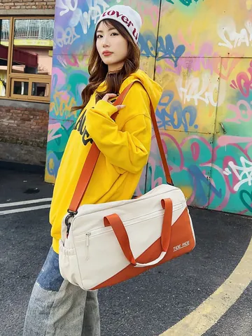 Women Large Capacity Waterproof Nylon Tote Bag Casual Travel Gym Bag Color Block Shoulder Handbag For Weekend Trip Fitness