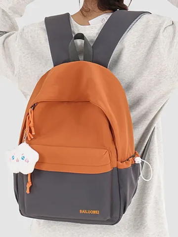 Women's College Style Color Block Nylon Backpack Lightweight Casual Travel Rucksack With Plush Pendant For Students Daily Use