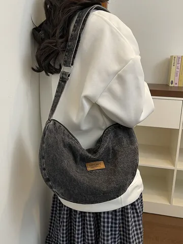 Women Washed Denim Hobo Bag Simple Niche Design Crossbody Bag Adjustable Shoulder Underarm Dumpling Bag Solid Color Casual Purse