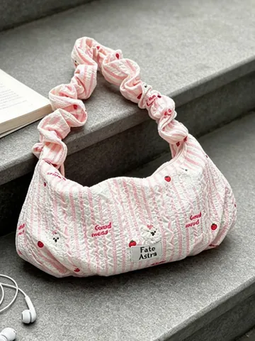 Women Large Capacity Hobo Bag Nylon Seersucker Ruffled Shoulder Strap Crossbody Dumpling Bag Fashion Printed Commute Handbag