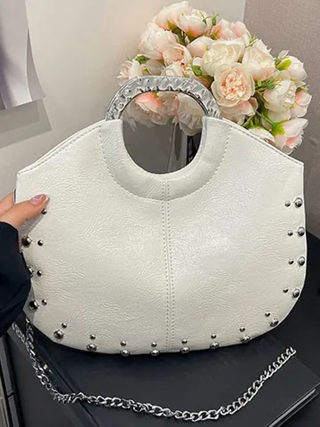 Women PU Leather Rivet Shoulder Bag Fashion Metal Handle Crossbody Bag Trendy Solid Color Handbag For Daily Travel Gift
