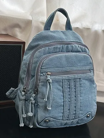 Women's Fashion Washed Denim Backpack Large Capacity Retro Commuter Shoulder Bag With Multi-Pocket Rivets Stitching Casual Daypack