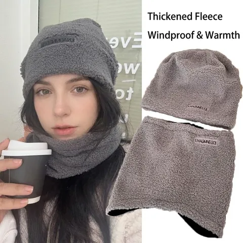 Ensemble Bonnet en Tricot Acrylique Hiver et Cache-col pour Hommes Femmes Doublé en Polaire Sherpa Épais Bonnet Slouchy