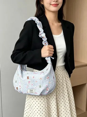 Women Large Capacity Hobo Bag Nylon Seersucker Ruffled Shoulder Strap Crossbody Dumpling Bag Fashion Printed Commute Handbag