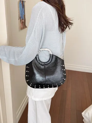 Women PU Leather Rivet Shoulder Bag Fashion Metal Handle Crossbody Bag Trendy Solid Color Handbag For Daily Travel Gift