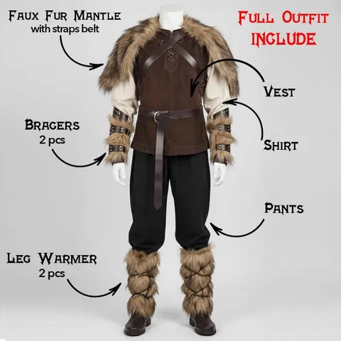 Medieval Renaissance Barbarian Warrior Costume Faux Fur Viking Costume For Men Performance Role Play Outfit Top And Bottom