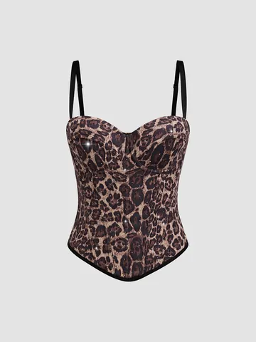 Women Sexy Leopard Print Rhinestone Corset Top Spaghetti Strap Boned Bustier Cami Body Shaper Clubwear