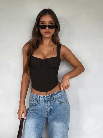 Dames Sexy Camisole Top met Schulpkant en Veter Corset Stijl 2025 Voorjaar Effen Kleur Slanke Pasvorm Streetwear Mouwloze Top