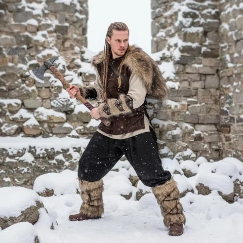 Medieval Renaissance Barbarian Warrior Costume Faux Fur Viking Costume For Men Performance Role Play Outfit Top And Bottom