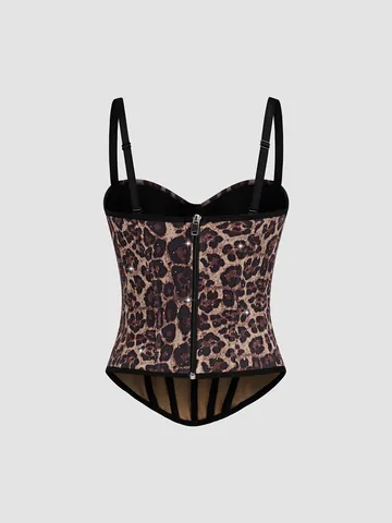 Women Sexy Leopard Print Rhinestone Corset Top Spaghetti Strap Boned Bustier Cami Body Shaper Clubwear