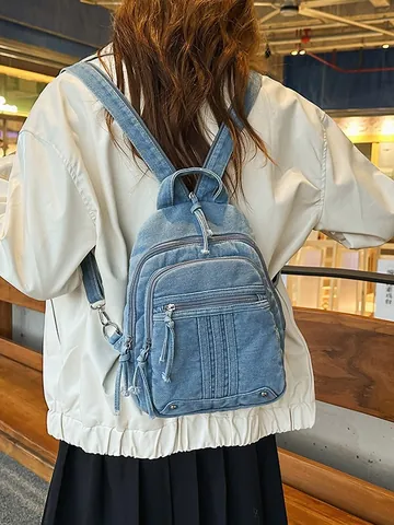 Women's Fashion Washed Denim Backpack Large Capacity Retro Commuter Shoulder Bag With Multi-Pocket Rivets Stitching Casual Daypack