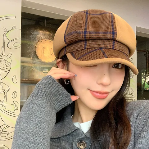 Women's British Retro Checkered Octagonal Hat Autumn Winter Thickened Warm Newsboy Cap Patchwork Plaid Painter Hat For Daily Travel