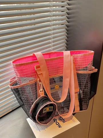Women Large Capacity Mesh Tote Bag Fashion Simple Casual Shoulder Bag For Office Commuting Breathable Shopping Bag With Small Pouch