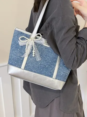 Large Capacity Denim Texture Tote Bag For Women Fashion PU Leather Patchwork Shoulder Bag With Pearl Lace Bow Charm Shopping Bag