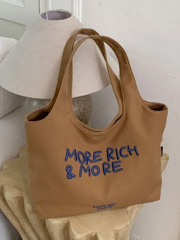 Bolso Tote de Lona de Gran Capacidad para Mujer Bordado de Letras Bolso de Hombro Casual Bolso de Mano Minimalista de Alta Calidad Para Diario