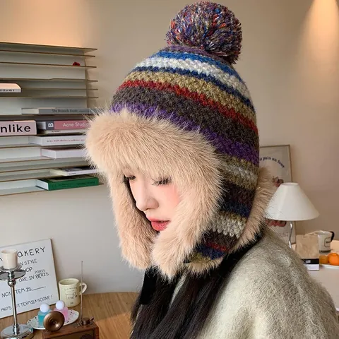 Women Winter Knitted Lei Feng Hat Colorful Stripe Ear Protection Plush Warm Hat Outdoor Cycling Windproof Faux Fur Trapper Hat