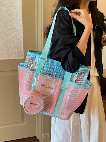 Women Large Capacity Mesh Tote Bag Fashion Simple Casual Shoulder Bag For Office Commuting Breathable Shopping Bag With Small Pouch