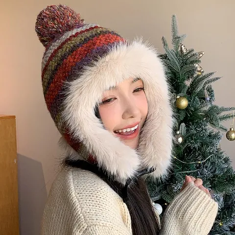 Women Winter Knitted Lei Feng Hat Colorful Stripe Ear Protection Plush Warm Hat Outdoor Cycling Windproof Faux Fur Trapper Hat