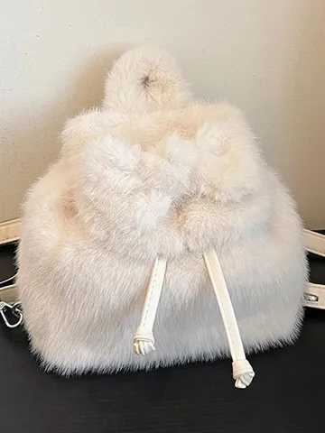 Women's Mini Plush Backpack Faux Fur Small Schoolbag With Bow Animal Ears Fashion Korean Style Casual Travel Backpack