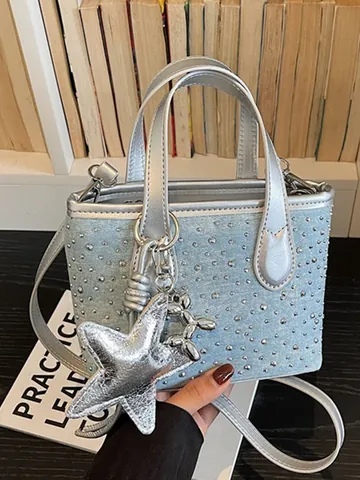 Vintage Shimmering Rhinestone Studded Bucket Bag For Women Denim Texture Metallic Small Handbag With Star And Balloon Dog Charms