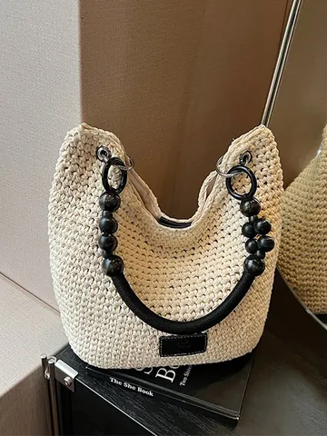 Hand-woven Hemp Rope Bucket Bag With Black Wooden Beaded Handle Bohemian Vintage Summer Beach Vacation Handbag For Women