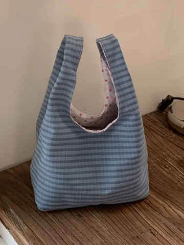 New Summer Women Casual Fabric Bucket Bag Fashion Plaid Tote Handbag With Heart Print Lining Large Capacity Commute Bag