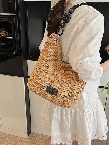 Hand-woven Hemp Rope Bucket Bag With Black Wooden Beaded Handle Bohemian Vintage Summer Beach Vacation Handbag For Women