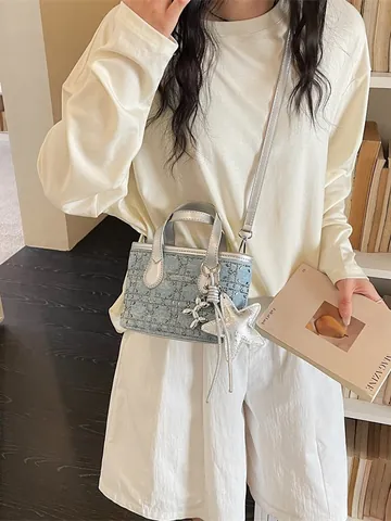 Vintage Shimmering Rhinestone Studded Bucket Bag For Women Denim Texture Metallic Small Handbag With Star And Balloon Dog Charms