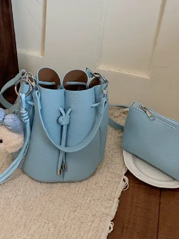 Fashion Women Bucket Bag Lychee Pattern PU Leather Handbag With Inner Pouch And Plush Pendant Drawstring Crossbody Shoulder Bag