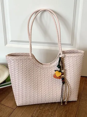 Women Large Capacity Woven PU Leather Tote Bag Summer Casual Minimalist Underarm Shoulder Bag With Flower Pendant Charm Handbag