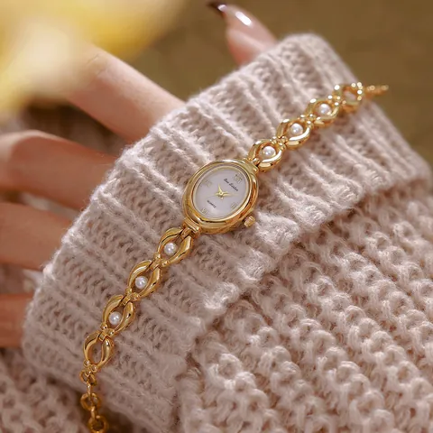 Bee Sister Retro Luxus Damen Quarzuhr Ovales Zifferblatt Künstliche Perle Armband Eleganter Vintage-Stil Schmuck Uhr FA1865