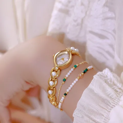 Reloj de Cuarzo Vintage para Mujer Correa de Aleación con Perlas Artificiales Lujo Ligero Strass Esfera de Rombo Elegante
