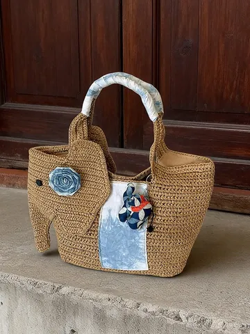 Bolso Tote de Paja Tejido a Mano con Forma de Elefante Gran Capacidad Bolso de Playa Vacaciones para Mujer Decoración Batik