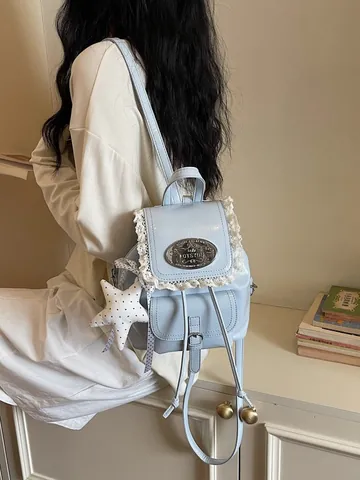 Dames College Stijl PU Leer Kant Afwerking Mini Rugzak Met Ster Hanger Zachte Zomer Reizen Rugzak Schoudertas Voor Vrouwen