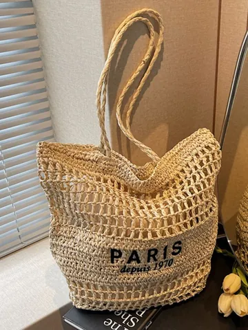 Bolso Tote de Paja para Mujer Gran Capacidad Moda Casual Hombro de Rejilla Hueca Con Bordado Paris Para Viajes a la Playa en Verano
