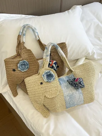 Bolso Tote de Paja Tejido a Mano con Forma de Elefante Gran Capacidad Bolso de Playa Vacaciones para Mujer Decoración Batik