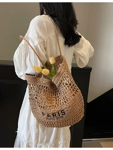 Bolso Tote de Paja para Mujer Gran Capacidad Moda Casual Hombro de Rejilla Hueca Con Bordado Paris Para Viajes a la Playa en Verano