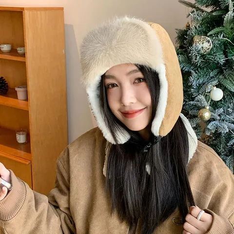 Women's Winter Warm Trapper Hat Windproof Ear Flaps Lei Feng Hat Plush Lined Cycling Bomber Hat Corduroy Thermal Snow Cap