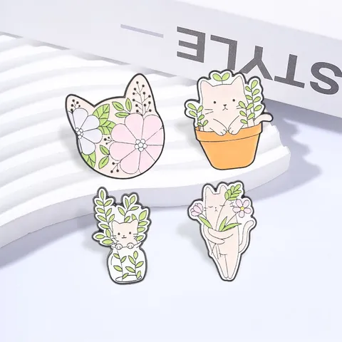 Cartoon Forest Cat Enamel Pin Brooch Zinc Alloy Floral Potted Plant Badge For Clothing Bags Backpacks Accessories Unisex Gift